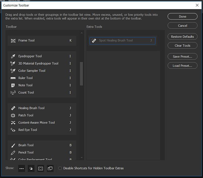 how to remove a tool from the toolbar in photoshop cc