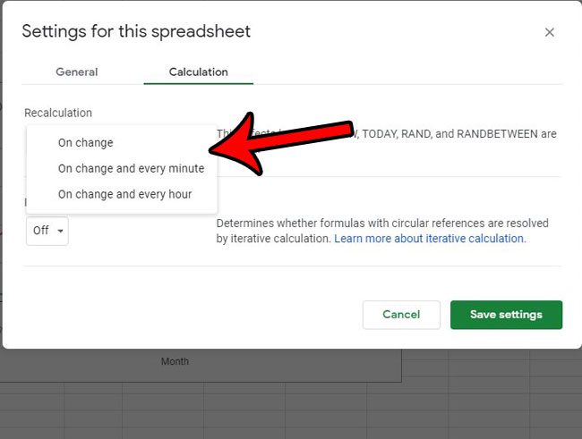 how to change recalculation settings in google sheets