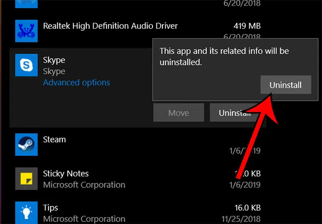 removing skype from a windows 10 computer