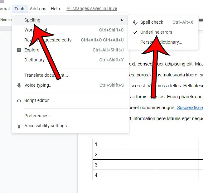 how to stop underlining spelling mistakes in google docs