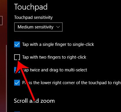 how to stop right-clicking with two fingers on windows 10 touchpad