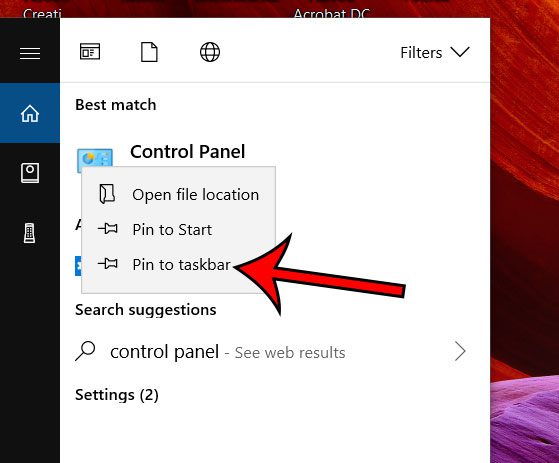 pin the control panel to the taskbar in windows 10
