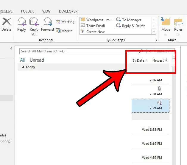 newest emails at top in outlook 2013