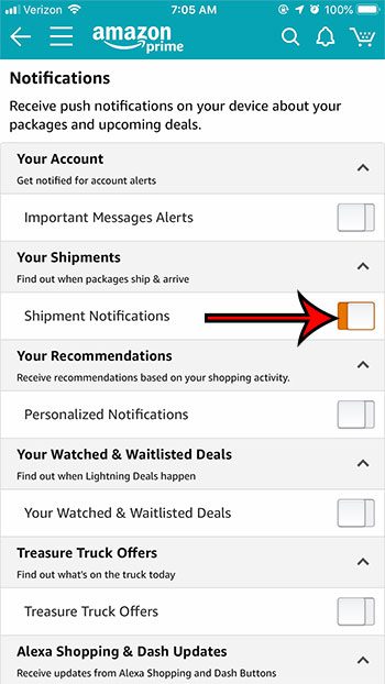 how to enable delivery notifications in amazon iphone app