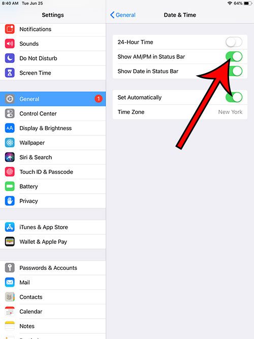 how to add or remove am pm from the ipad status bar