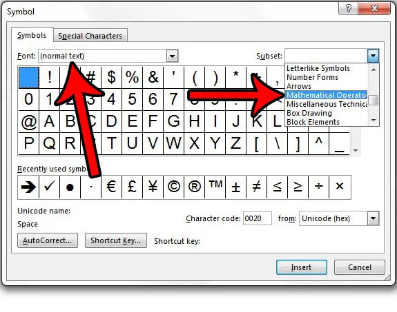 choose normal text and Mathematical Operators