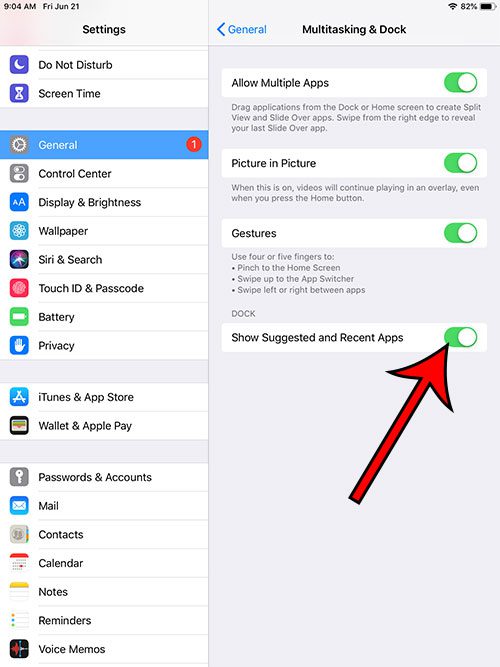 how to show recent and suggested apps in the ipad dock