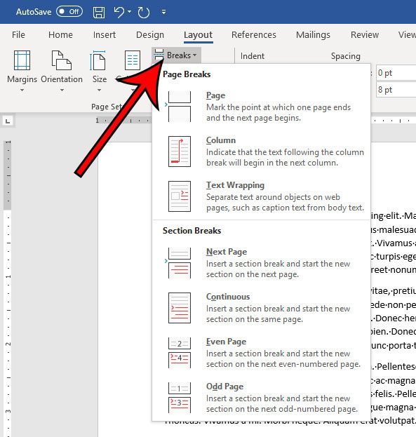 how to add a section break in Word