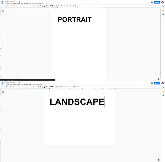 google docs portrait versus landscape