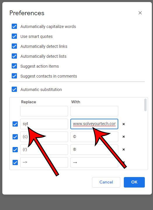 how to create a custom text substitution in Google Docs