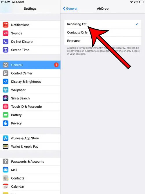 how to turn off AirDrop receiving on an iPad