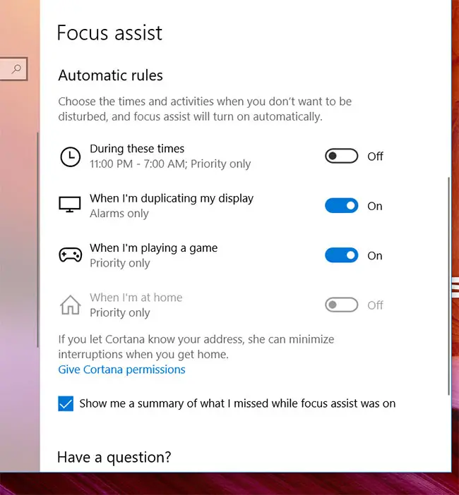 Windows 10 Focus Assist automatic rules