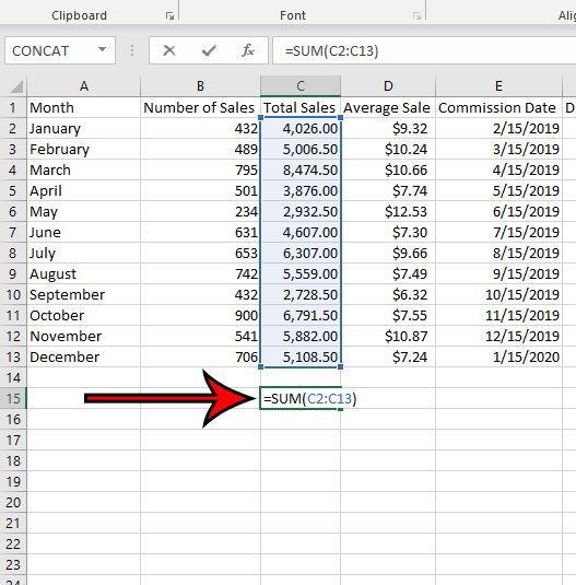 how to add the values in a column in Microsoft Excel for Office 365