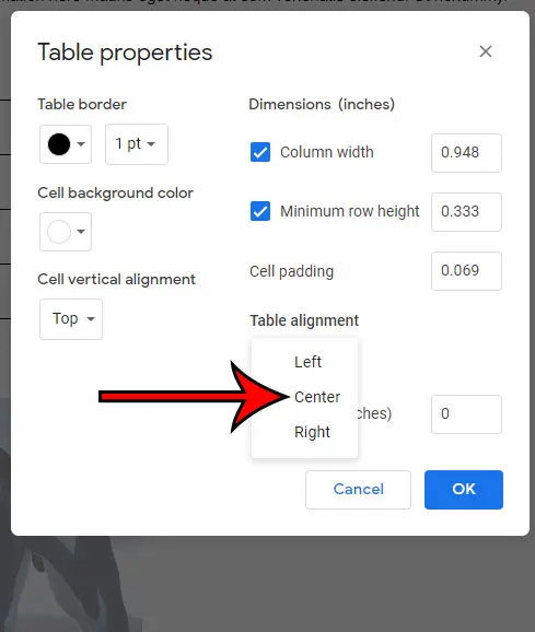 how to center a table in Google Docs