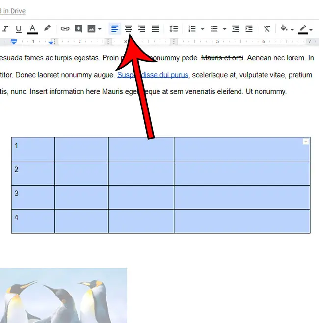 how to center all cells in Google Docs table
