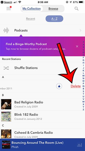 swipe from right to left on the station to delete