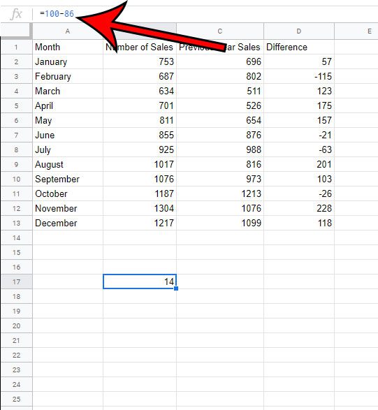 subtraction formula displayed in formula bar