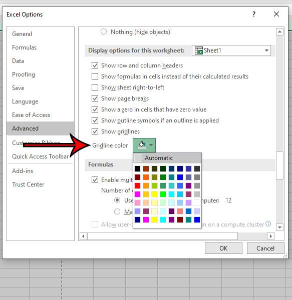 how to change gridline color in Excel 2016