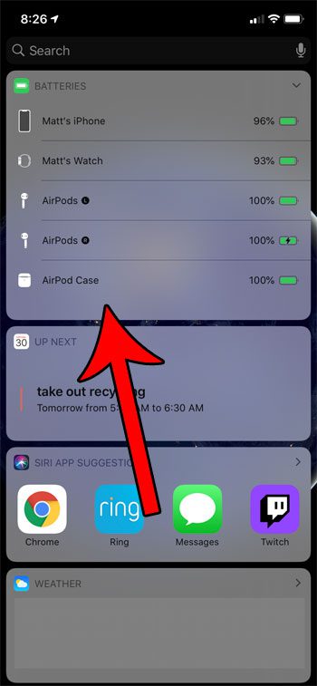 how to view Airpod battery life in Batteries widget