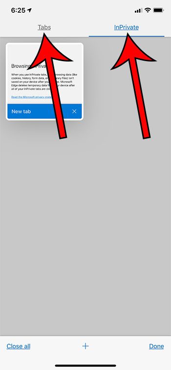 how to switch between regular and private browsing mode in Microsoft Edge on an iPhone