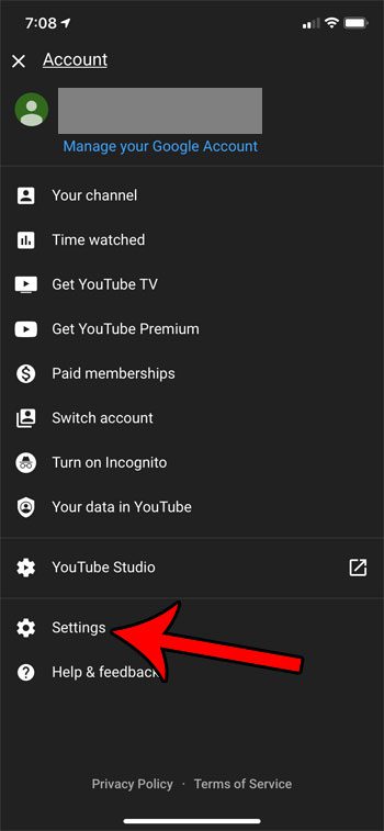open the YouTube settings menu