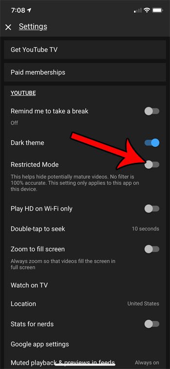 how to turn off restricted mode in the YouTube iPhone app