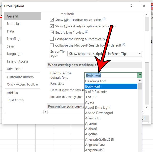 Excel default font