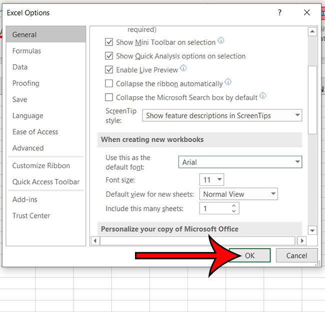 how to change the Excel default font