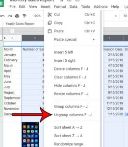 how to ungroup columns in Google Sheets