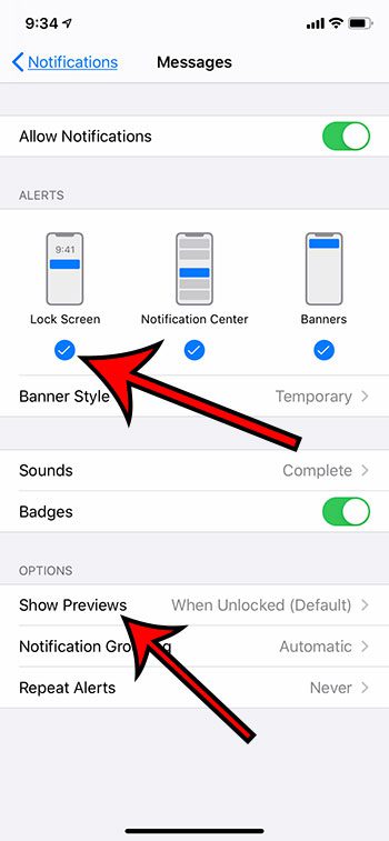 enable lock screen alerts then tap Show Previews