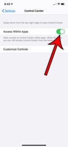 enable Control Center access within apps iPhone 11