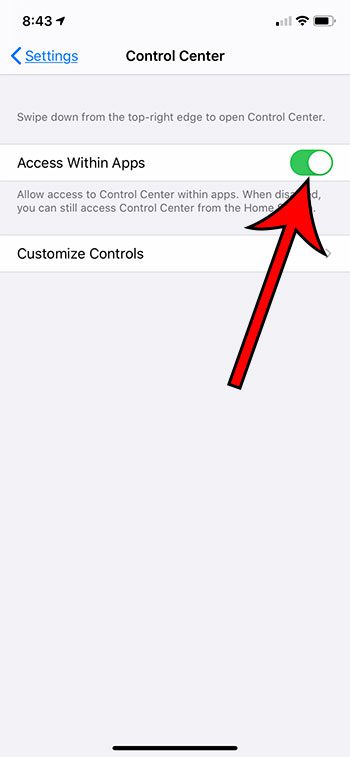 how to access Control Center within apps on iPhone