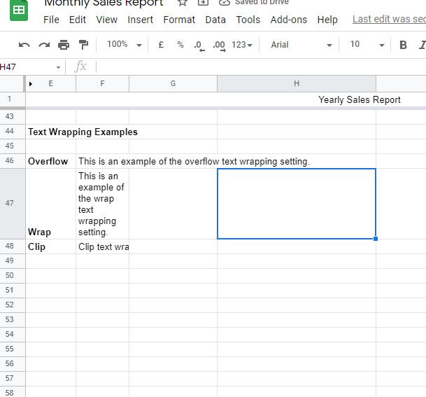 Google Sheets text wrapping examples