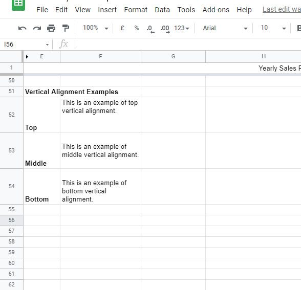 Google Sheets vertical alignment examples