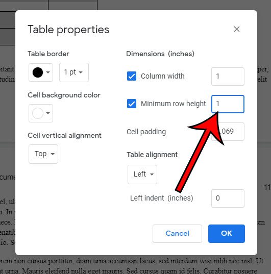how to set Google Docs table row height