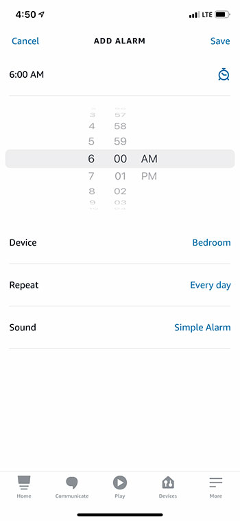 how to create an Amazon Echo alarm from the Alexa iPhone app