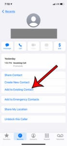 how to update an iPhone contact from a recent call