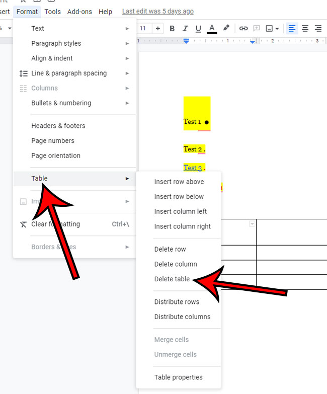 how to delete a table in Google Docs