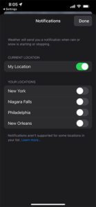 how to change the rain and snow alerts for the weather app on iPhone