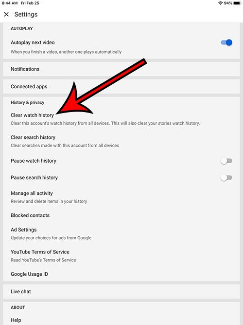 how to clear watch history in YouTube on iPad