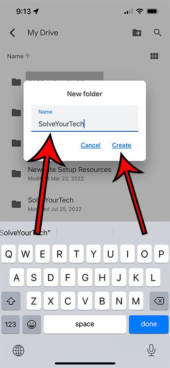 how to make a new Google Docs folder on iPhone