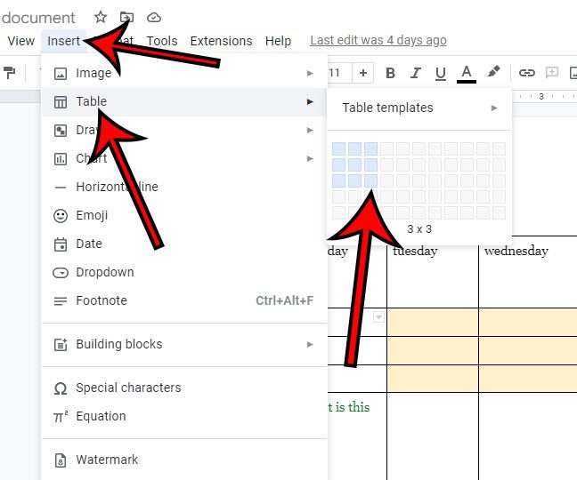how to insert a table in Google Docs
