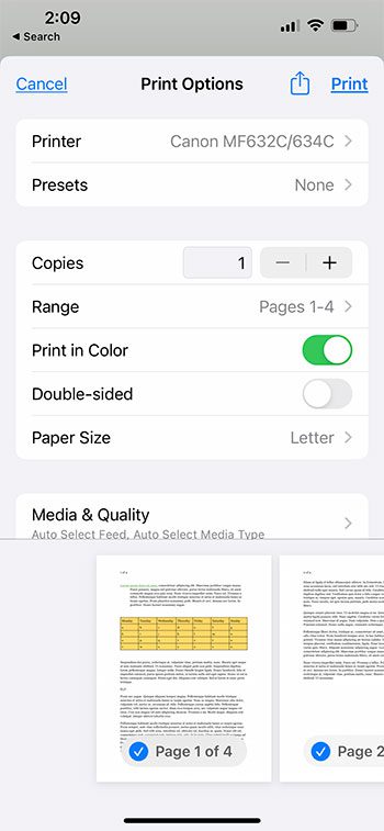how to adjust Google Docs mobile print settings