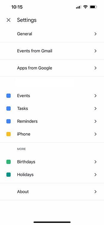 Google Calendar app settings menu