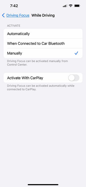 how to change the Driving Focus setting on an iPhone