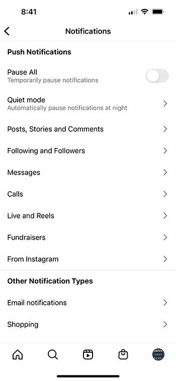 Instagram app notification settings