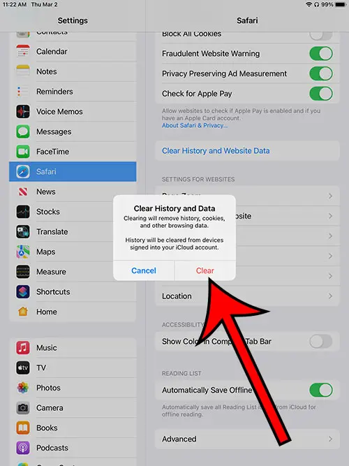 how to clear cache on iPad