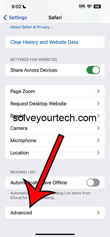 iOS 17 – Как разрешить использование файлов cookie iPhone Safari 3 выберите «Дополнительно»