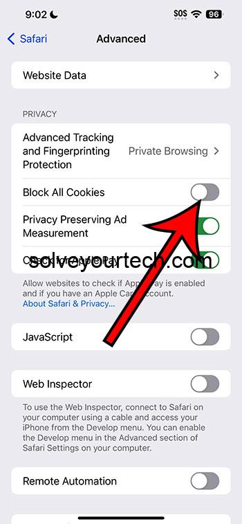 iOS 17 – Как разрешить использование файлов cookie iPhone Safari 4 отключить блокировку всех файлов cookie