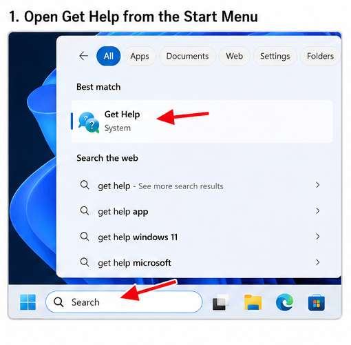 How to Get Help in Windows 11 1 Windows 11 Start search showing the Get Help app highlighted with red arrows